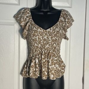 Marisole Floral Smocked Shirt Women M Beige Brown Milkmaid Coquette Short Sleeve